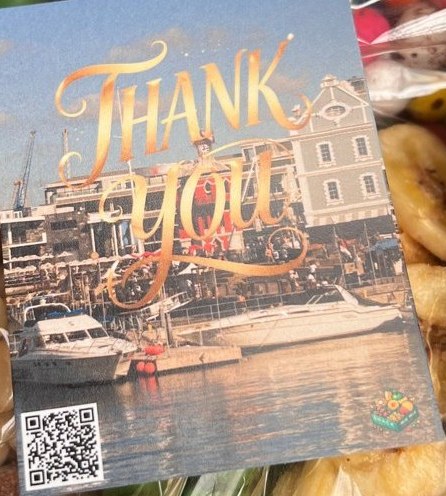 Snack Delight thank you card with a South African harbour scene