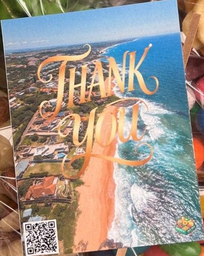 Snack Delight thank you card with a South African beach scene